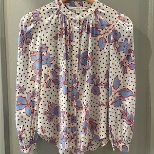 Veronica Beard Silk White and Blue Floral Polka Dot Blouse
